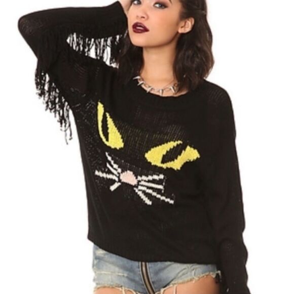 UNIF BLACK KNIT FRINGE DETAIL MEOW EVIL KITTY CAT SWEATER GOTH WITCHY WEDNESDAY - Picture 5 of 11
